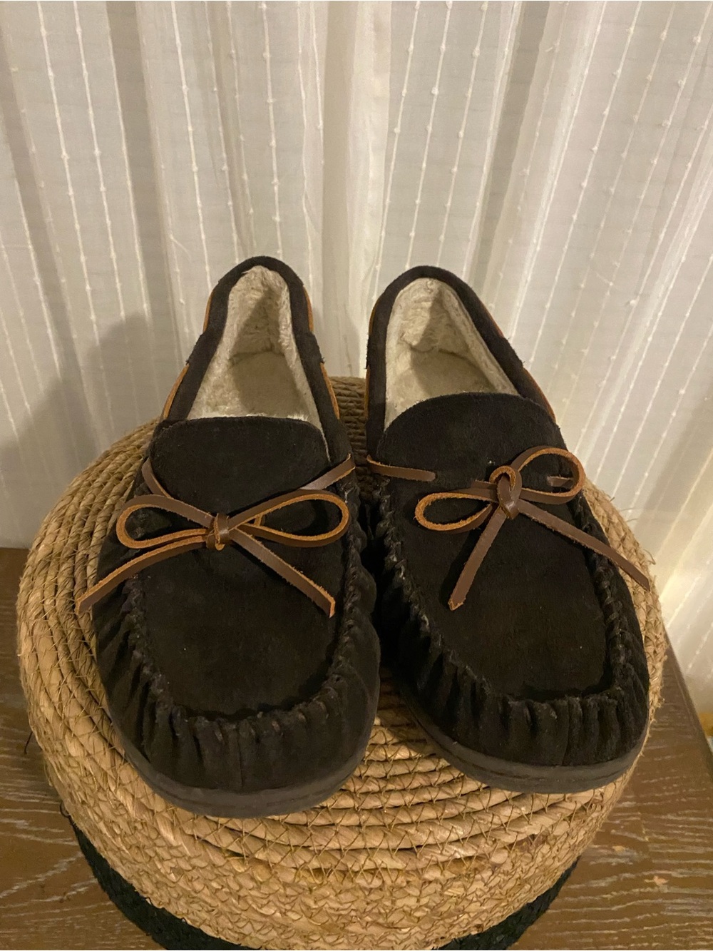 George Men's Dark Brown Suede Moccasin Slippers with Tan Bow
